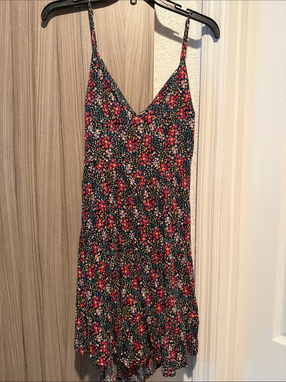Active USA Black Mini Slip Dress with Pink & Red Floral Print